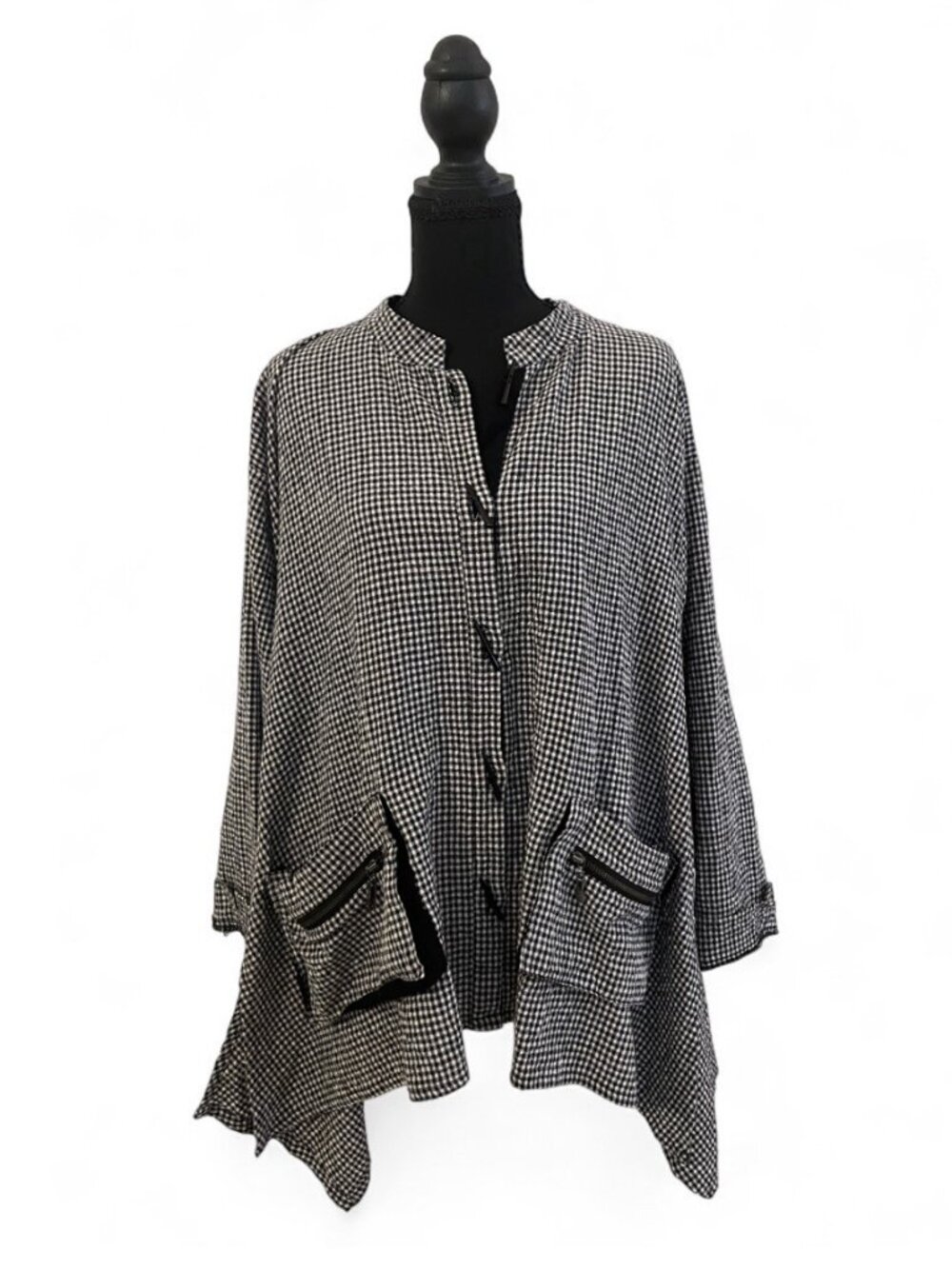 Vintage Lagenlook Black Gingham Top Artsy Blouse Lightweight Jacket Art to Wear - Picture 1 of 8